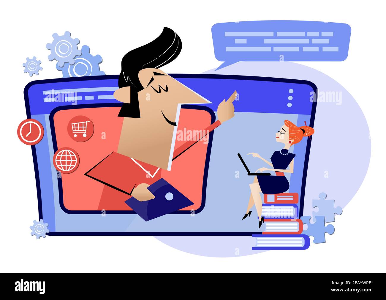 Lavorare online, corsi su internet, formazione online. Webinar, metafora dell'insegnamento online in classe digitale Illustrazione Vettoriale