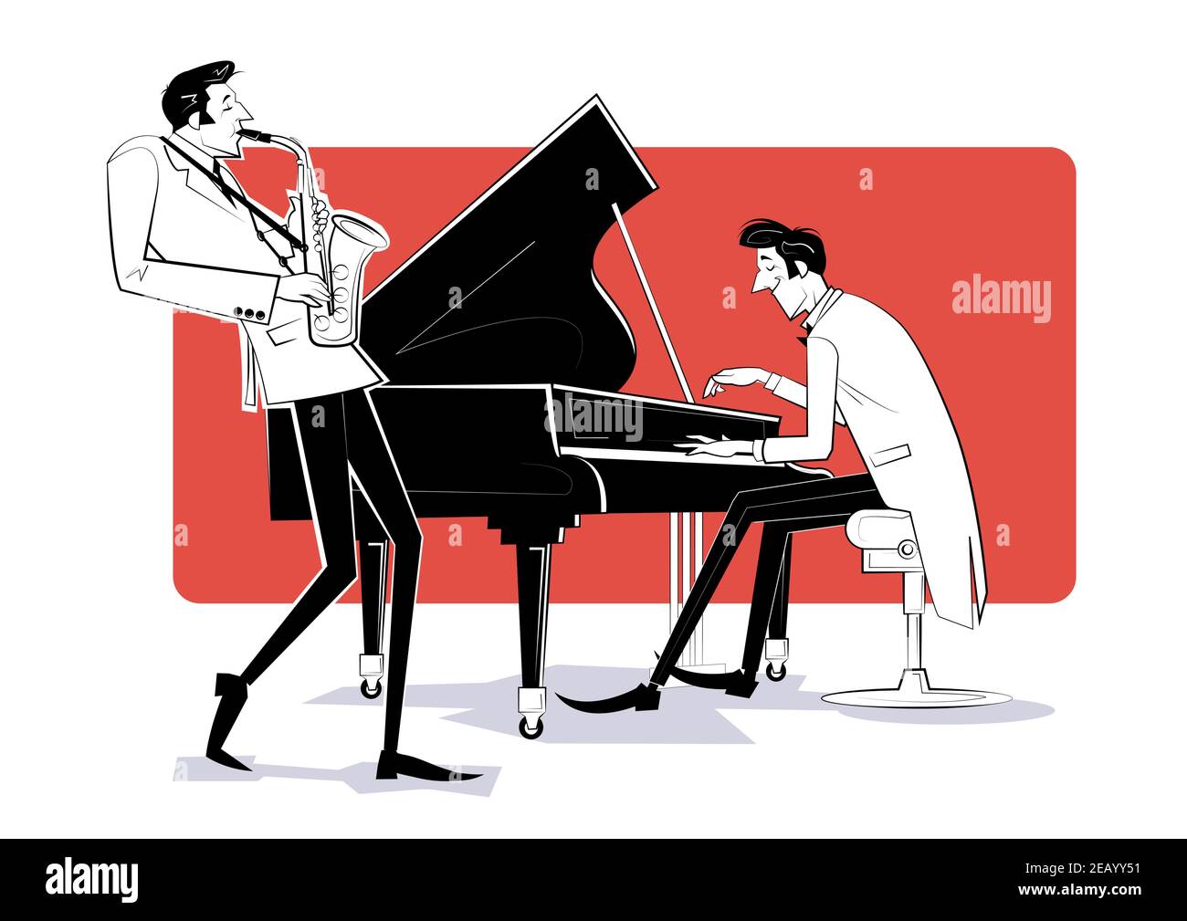 Illustrazione vettoriale di una band jazz con sassofono e pianoforte su sfondo rosso. Illustrazione Vettoriale