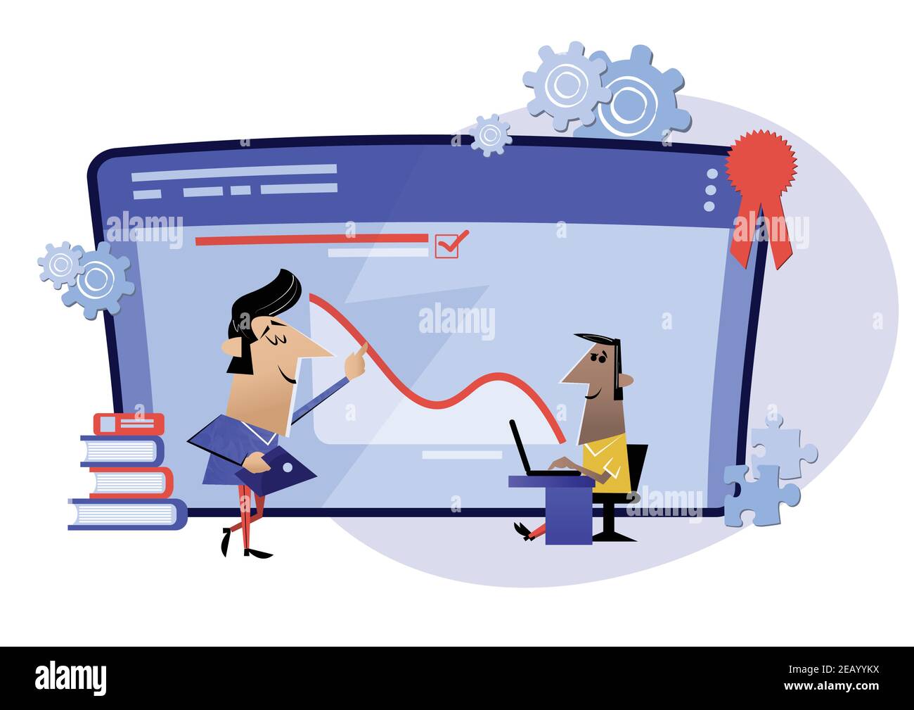 Lavorare online, corsi su internet, formazione online. Webinar, metafora dell'insegnamento online in classe digitale Illustrazione Vettoriale