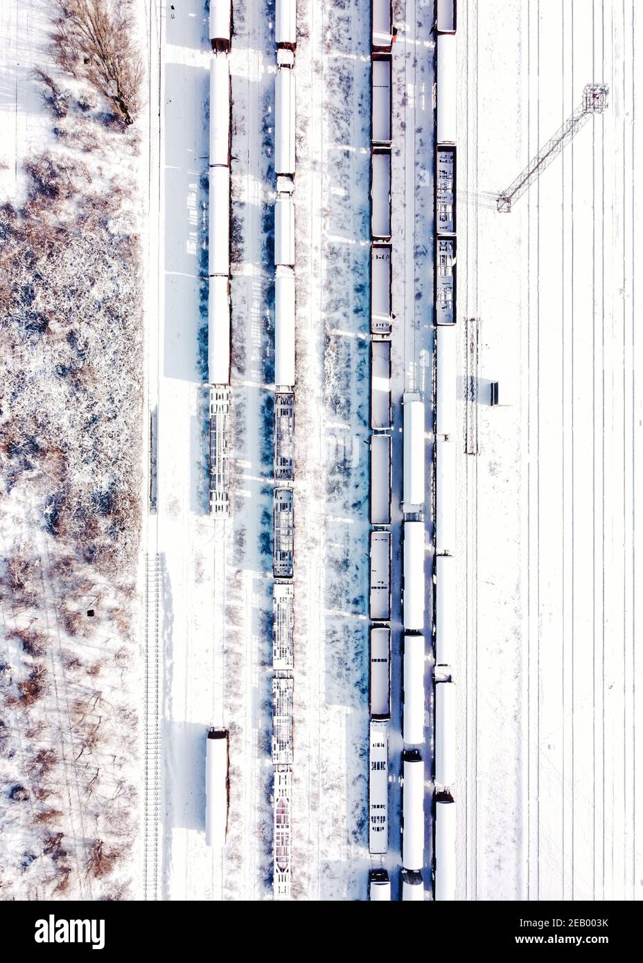 Vista dall'alto dei treni merci. Vista aerea dal drone volante dei treni merci innevati sulla stazione ferroviaria. Vagoni con merci su ferrovia. Foto Stock