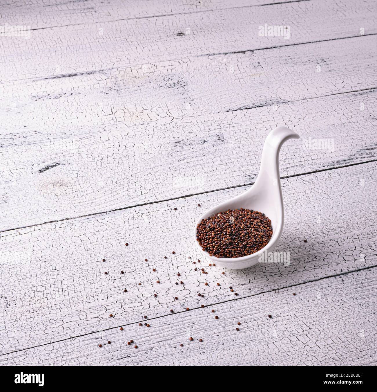 Semi di quinoa crudi rossi non cotti in ciotola a cucchiaio bianca su tavolo di legno testurizzato bianco. Pochi semi sono sparsi intorno. Cibo eccellente con ampio spazio per le copie. Lui Foto Stock