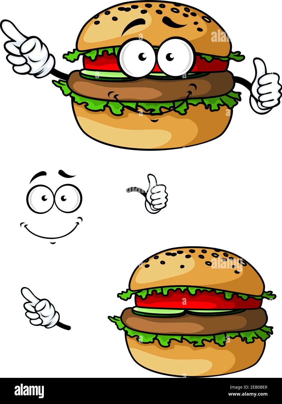 Cartone animato hamburger carattere con e senza volto e mani per design da asporto o fast food Illustrazione Vettoriale