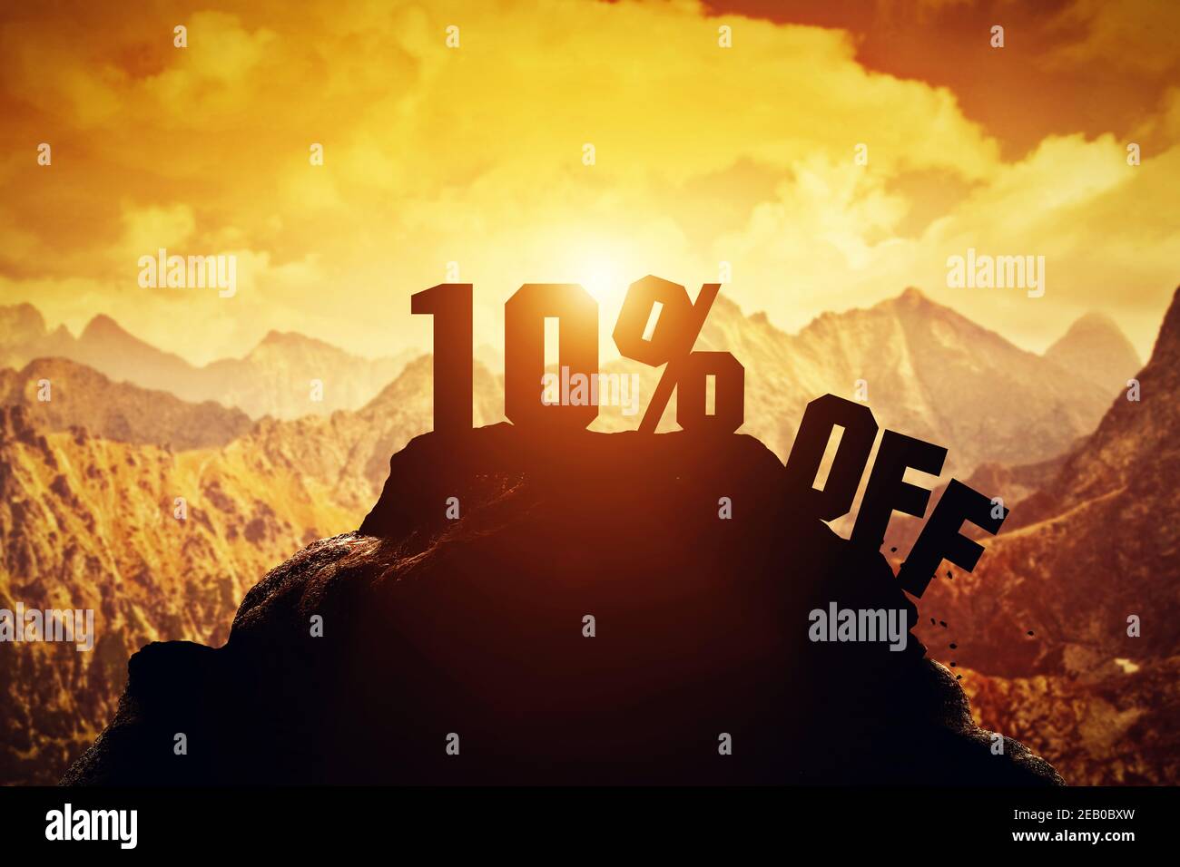 Illustrazione dello sconto di vendita. 10% di sconto sulla scrittura su un picco di montagna. Offerta speciale. Foto Stock