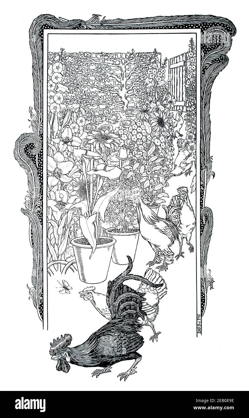 Galline in giardino, illustrazione di Percy James Billinghurst nel 1898 lo Studio un Rivista illustrato di Belle e applicate Arte Foto Stock