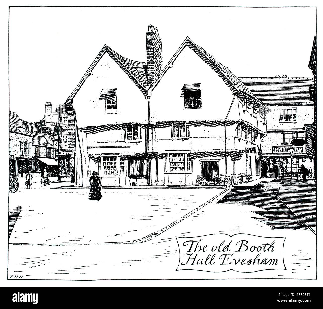 The Old Booth Hall, Market Place Evesham, disegno di linea di Edmund Hort (e H) nuovo nel 1898 The Studio An Illustrated Magazine of fine and Applied Art Foto Stock