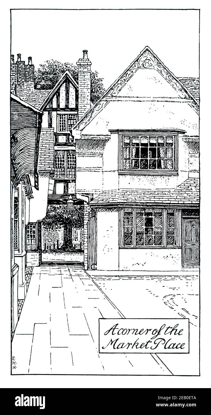 Abate Reginald’s Gateway, Market Place Evesham, disegno di linea di Edmund Hort (e H) nuovo nel 1898 The Studio An Illustrated Magazine of fine and Applied A. Foto Stock