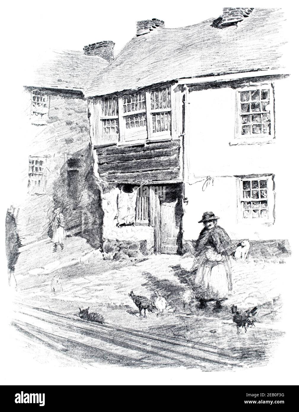 Disegno a matita di donna che alimenta galline in strada stretta di St Ives Cornwall nel 1890, da Robert Morton Nance nel 1898 lo Studio un giornale illustrato Foto Stock