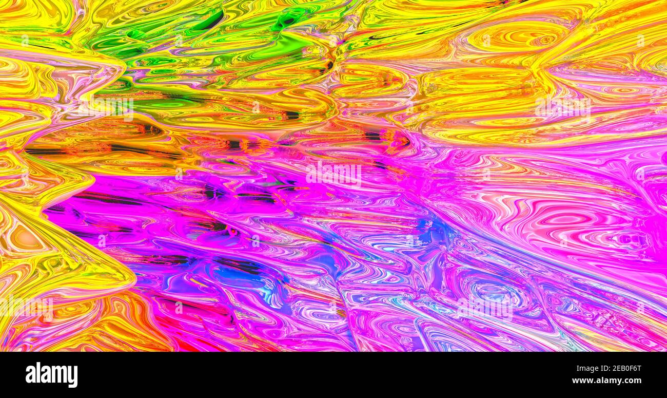 Composizione astratta di olio liquido arte mescolando blu, rosso, arancione, verde e viola colori formando onde. Illustrazione 3D Foto Stock