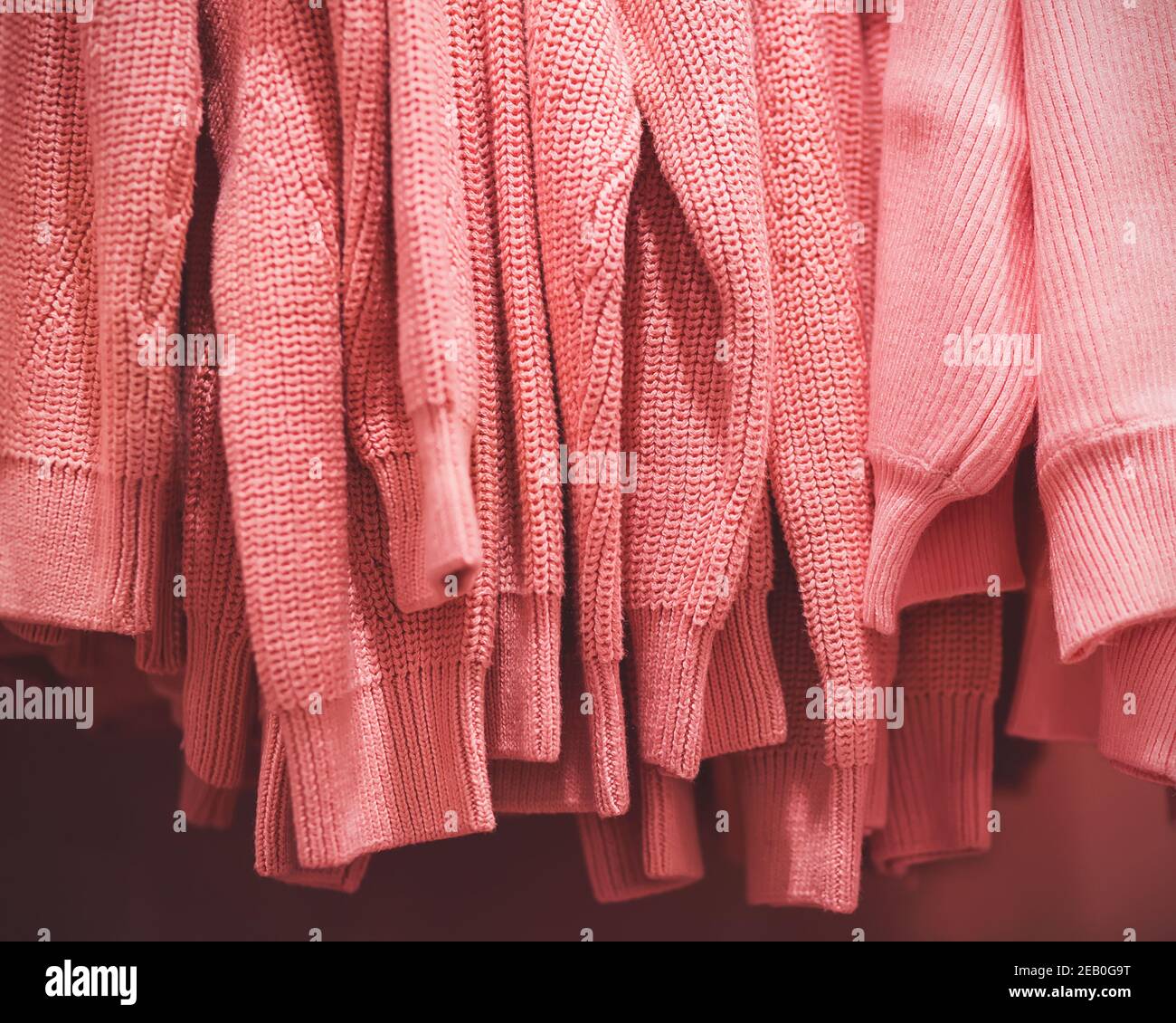 Un sacco di moda rosa caldo pullover in lana con maniche lunghe appendono su appendiabiti nel negozio di abbigliamento. Guardaroba di vestiti casual. Foto Stock
