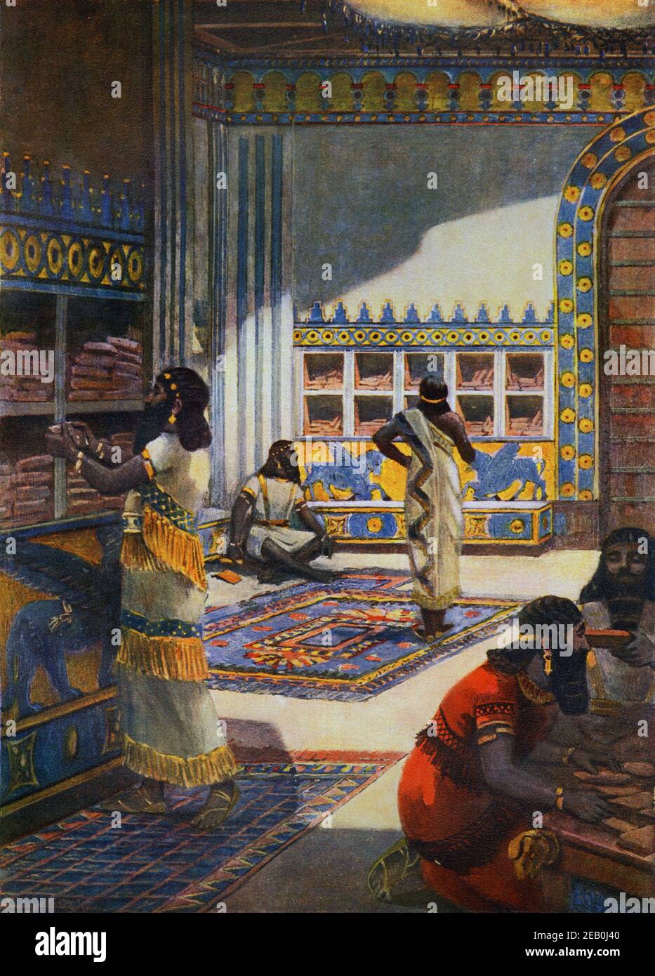 Illustrazione d'epoca circa 1914 raffigurante la biblioteca reale del re Ashurbanipal a Ninive la prima biblioteca organizzata sistematicamente nel mondo con oltre 30.000 tavolette di argilla dipinte da Fernand le Quesne Foto Stock