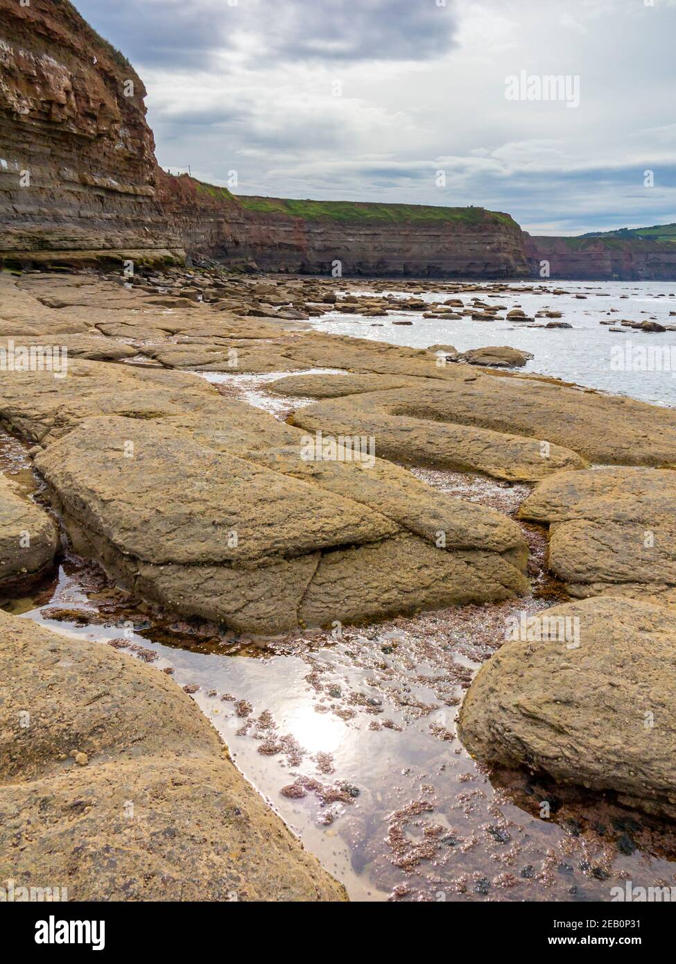 Piscine di roccia sulla spiaggia di Staithes un villaggio su La costa dello Yorkshire settentrionale nel nord-est dell'Inghilterra britannica Foto Stock