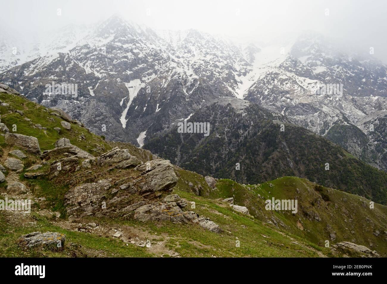 Formazioni rocciose e prati verdi contro le catene montuose Dahaar innevate dei monti Himalaya. Himachala Pradesh, India. Foto Stock