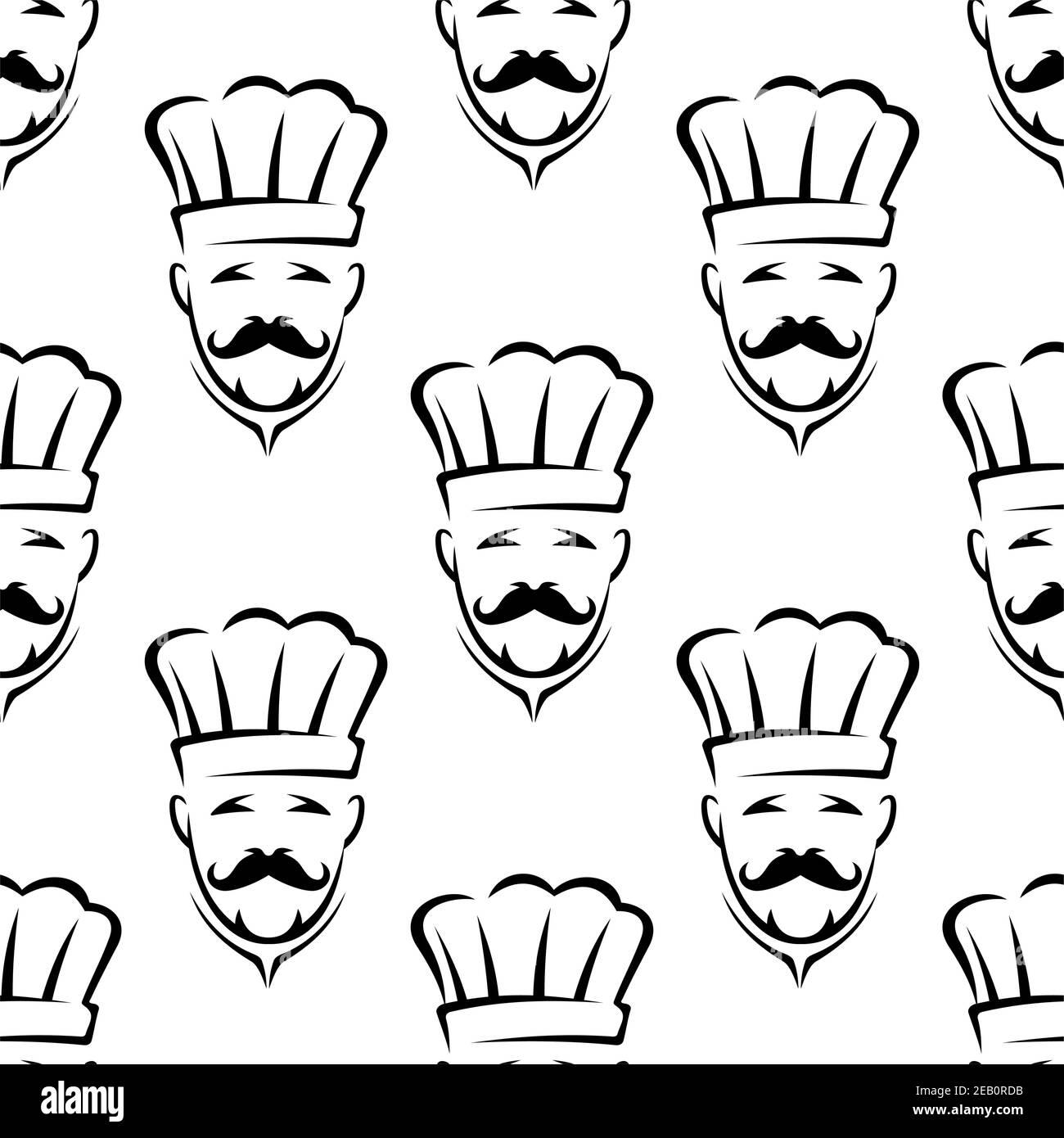 Design continuo ripetuto con contorni di esperienza moutached chef o. cuocete in toque tradizionale per il ristorante o gli sfondi di cibo Illustrazione Vettoriale