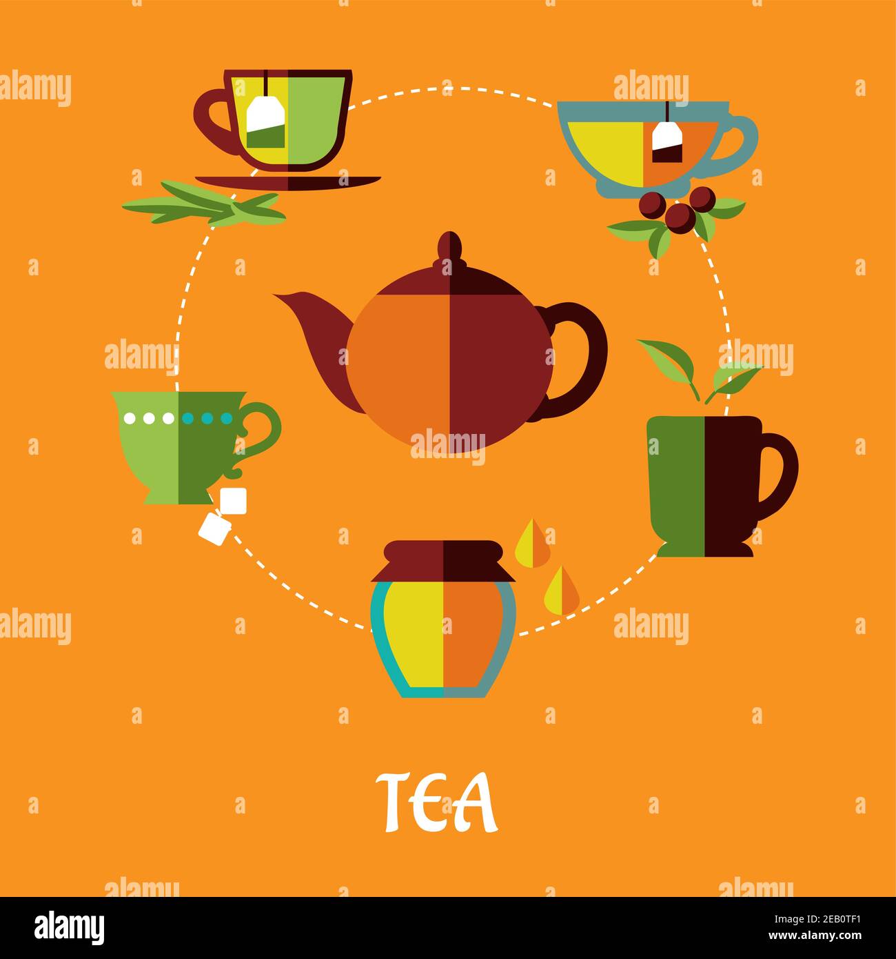 Concetto di tè piatto in colori caldi con teiera circondato forme diverse tazze di tè con bustine di tè, vaso di miele, cubetti di zucchero e foglie verdi isolate Illustrazione Vettoriale