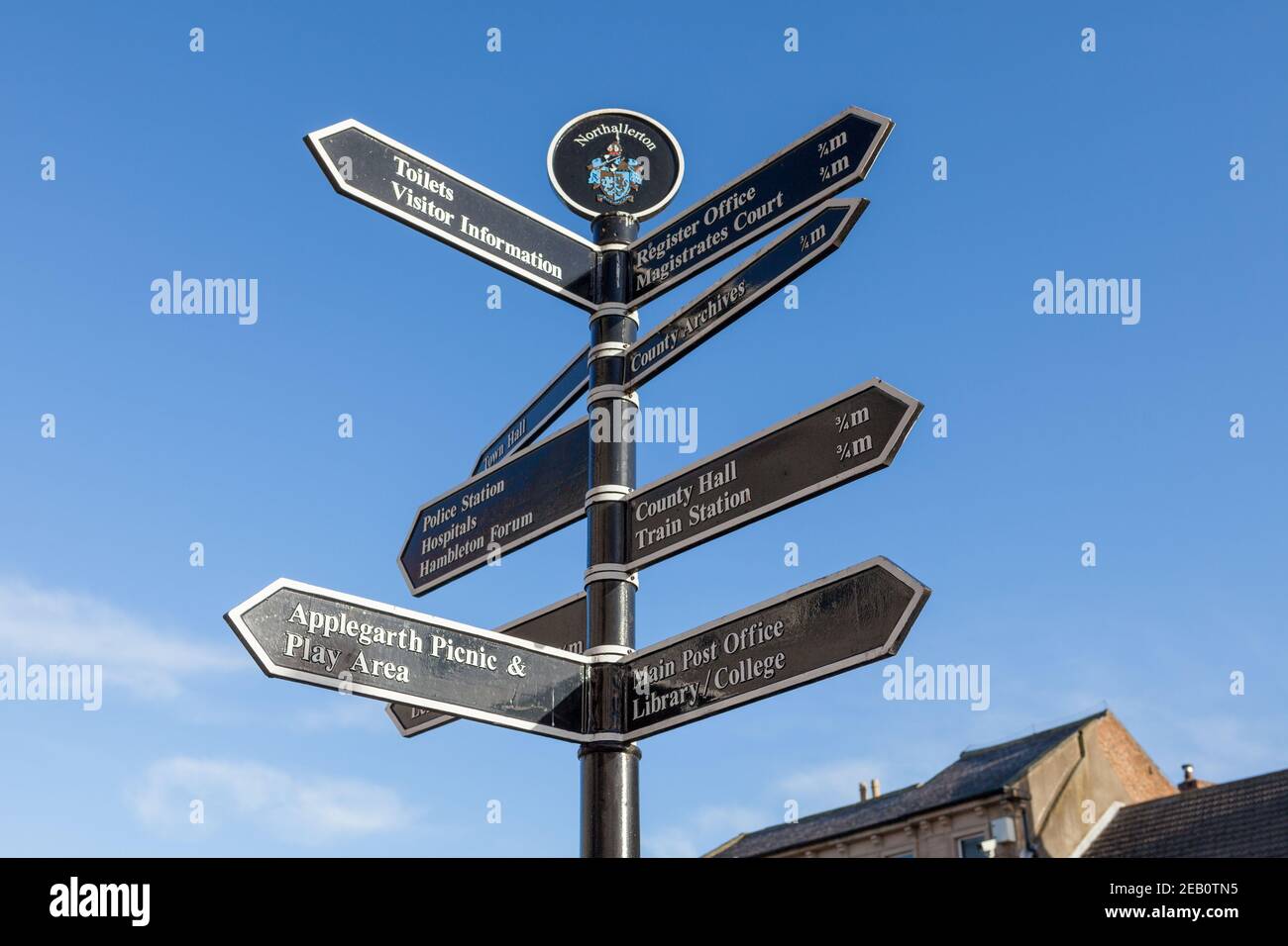 Segnaletica per pedoni che mostra la direzione e la distanza dalle attrazioni e le posizioni chiave a Northallerton, North Yorkshire Foto Stock