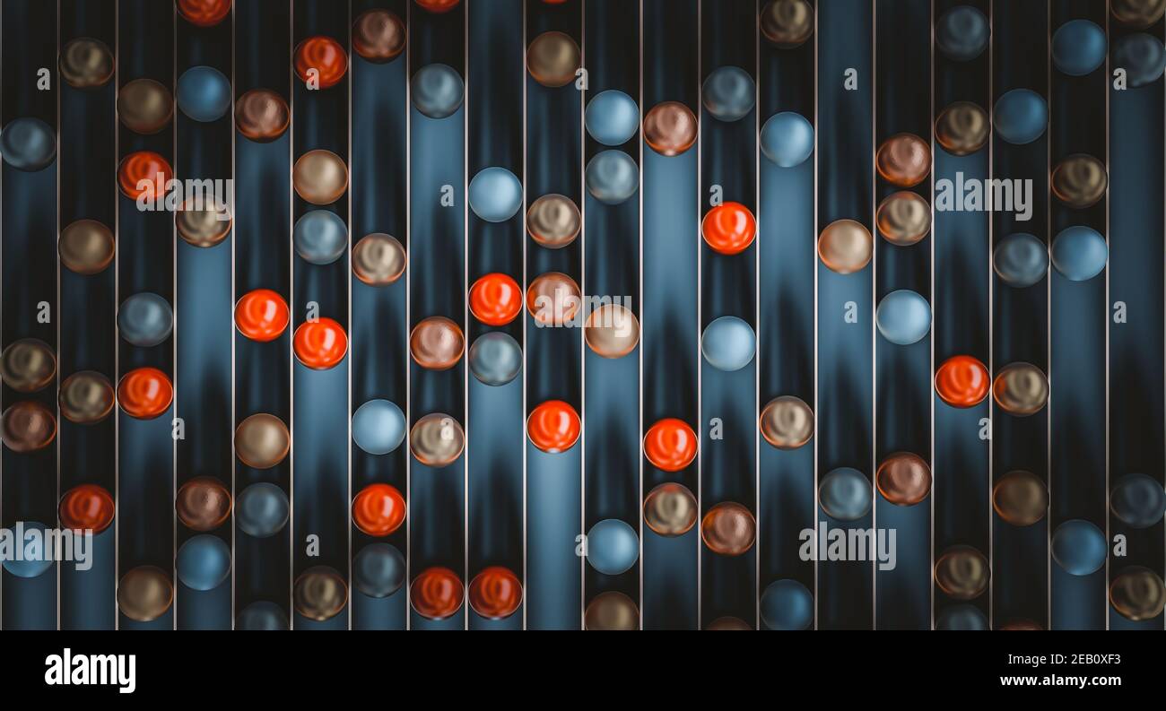 palline di materiali diversi su sfondo blu. rendering 3d. sfondo astratto minimalista. Foto Stock