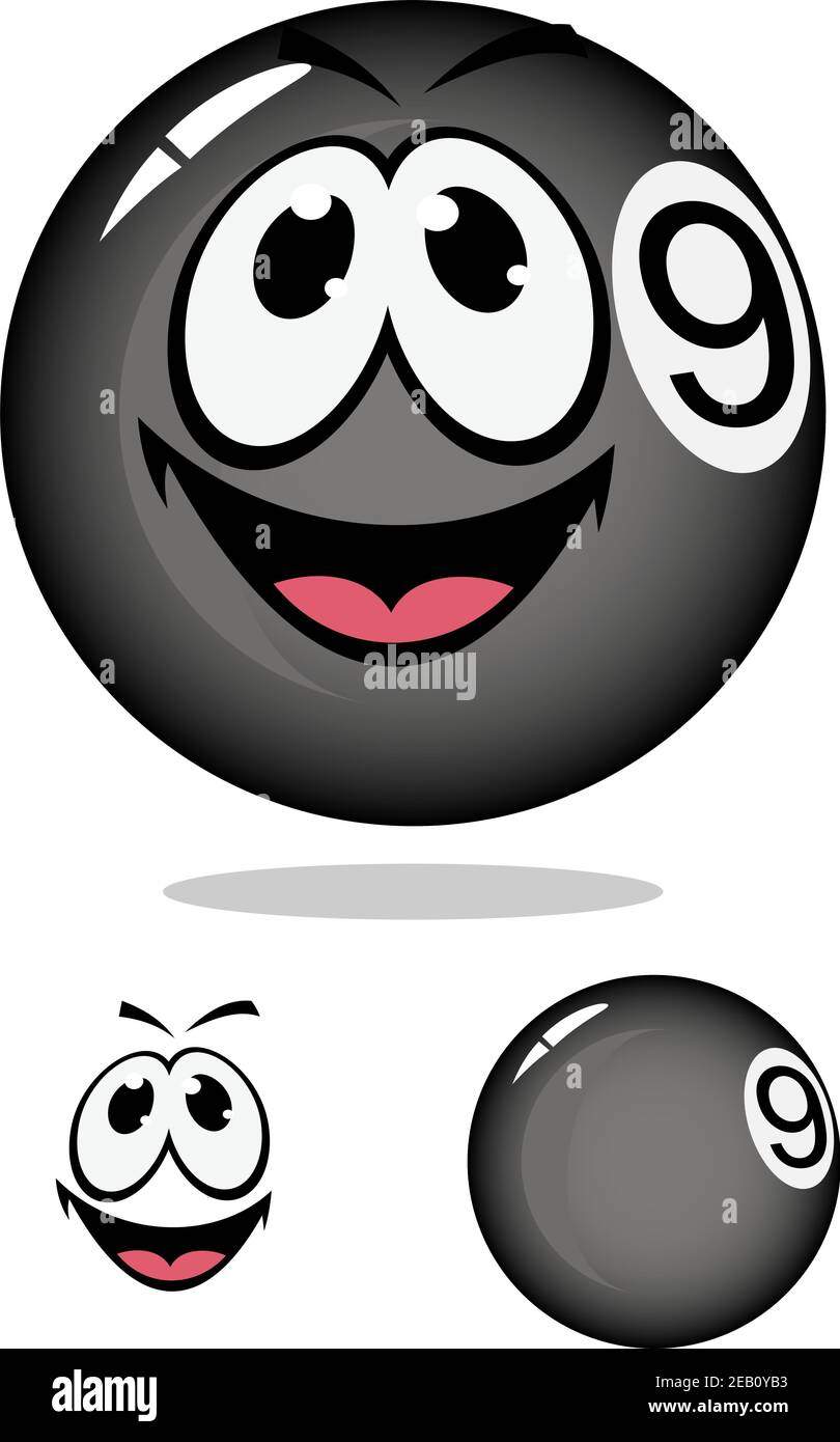 Cartoni animati lucenti biliardo pool ball numero nove con faccia sorridente e ombra per il design sportivo di mascotte o logo Illustrazione Vettoriale