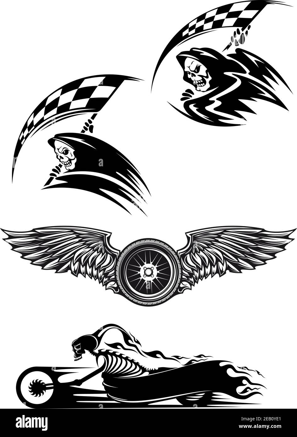 Mascotte o tatuaggio tribale di motocross con scheletro su moto con fiamme bilanti, ali con ruota e demone nel cofano che tiene a scacchi f Illustrazione Vettoriale