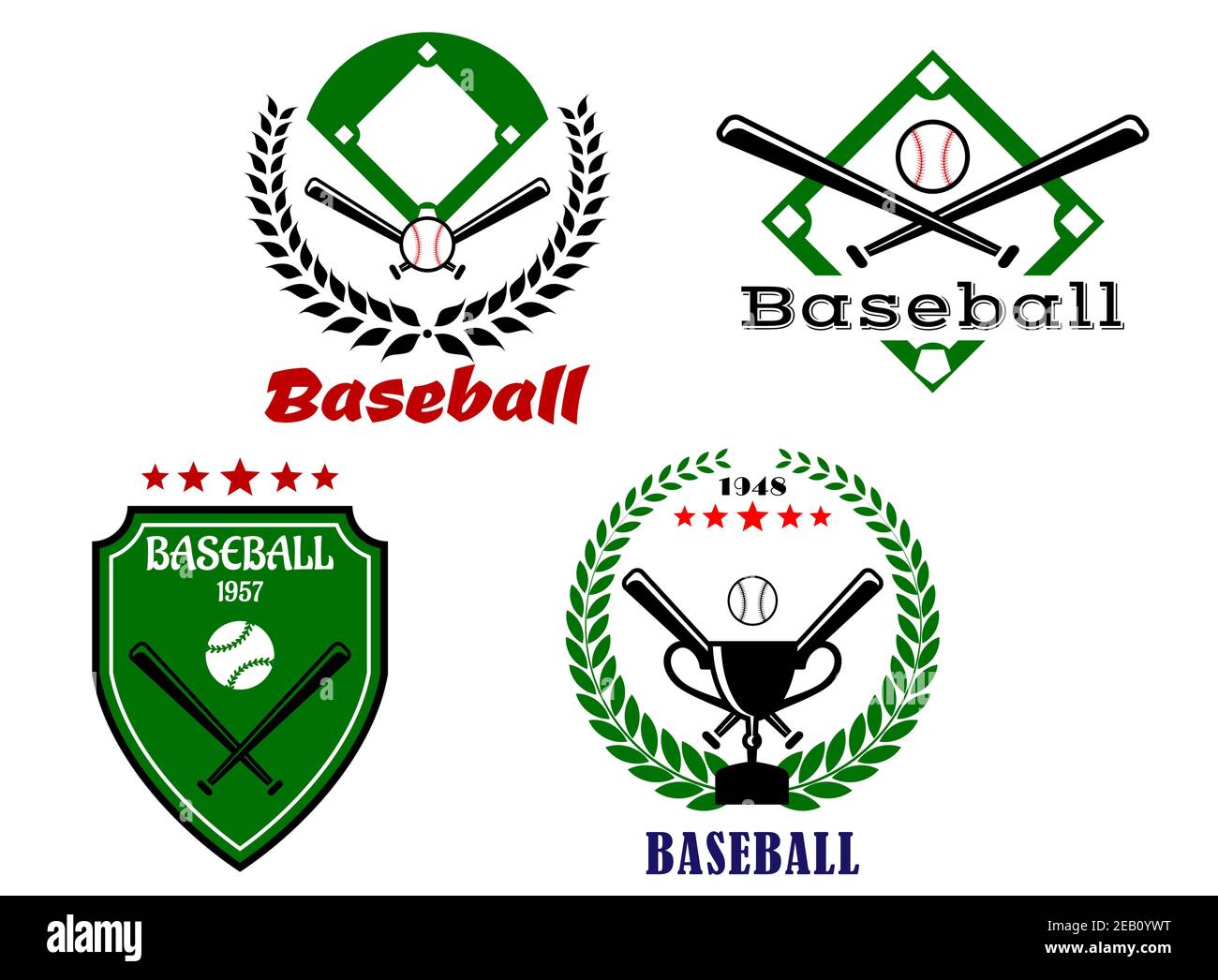 Emblemi da baseball con pipistrelli incrociati, alloro, coppa di trofei e base di gioco Illustrazione Vettoriale