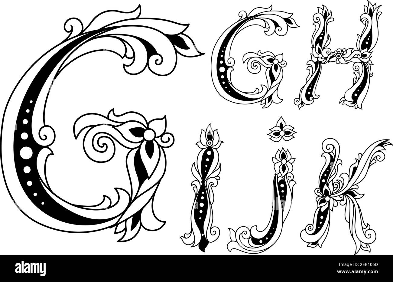 Lettere G, H, i, J e K in stile floreale retrò per il design medievale d'epoca Illustrazione Vettoriale