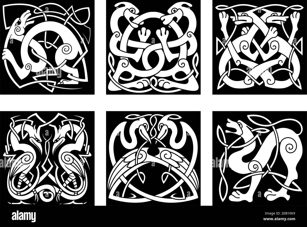 Cani, lupi, cicogne ed aironi in stile ornamento celtico per il design medievale o tatuaggio Illustrazione Vettoriale