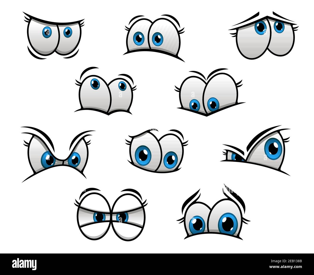 Cute cartooned occhi blu grandi con emozioni felici e arrabbiati per la creazione di personaggi di fumetti Illustrazione Vettoriale