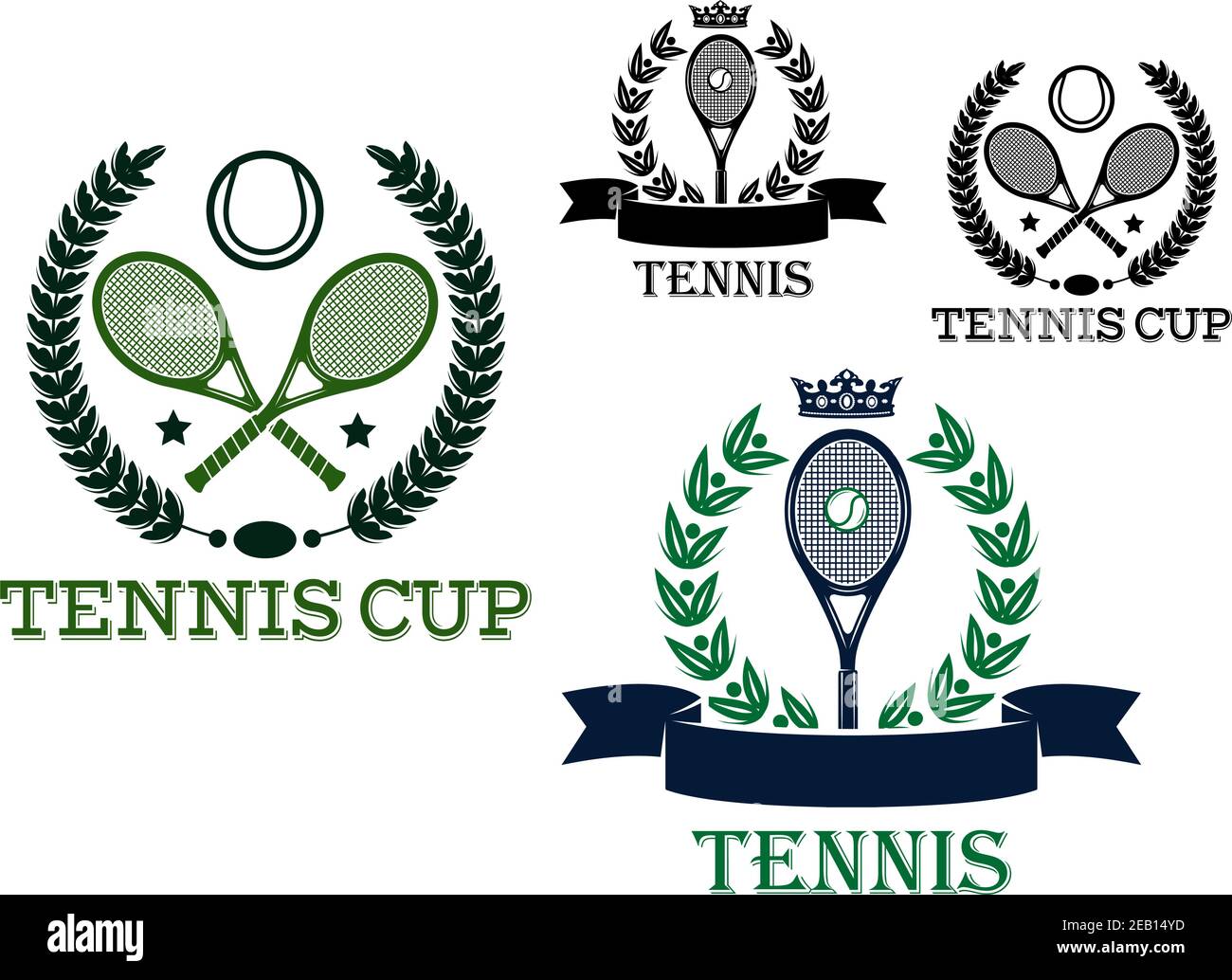 Emblemi e logo del torneo di tennis con racchette e palline incorniciate  corona d'alloro, striscioni, stelle e corone per il design della  competizione sportiva Immagine e Vettoriale - Alamy