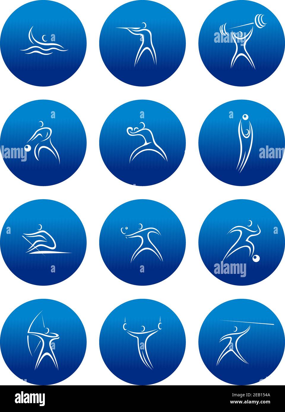 Silhouette astratte di atleti con attrezzature raffiguranti diversi tipi di sport in cerchi blu per il design sportivo Illustrazione Vettoriale