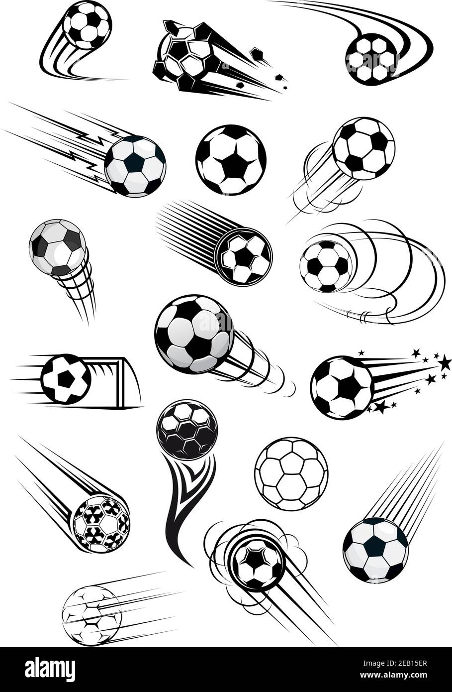 Palline da calcio o da calcio con piste di movimento in bianco e nero per emblemi sportivi, logo e mascotte design Illustrazione Vettoriale