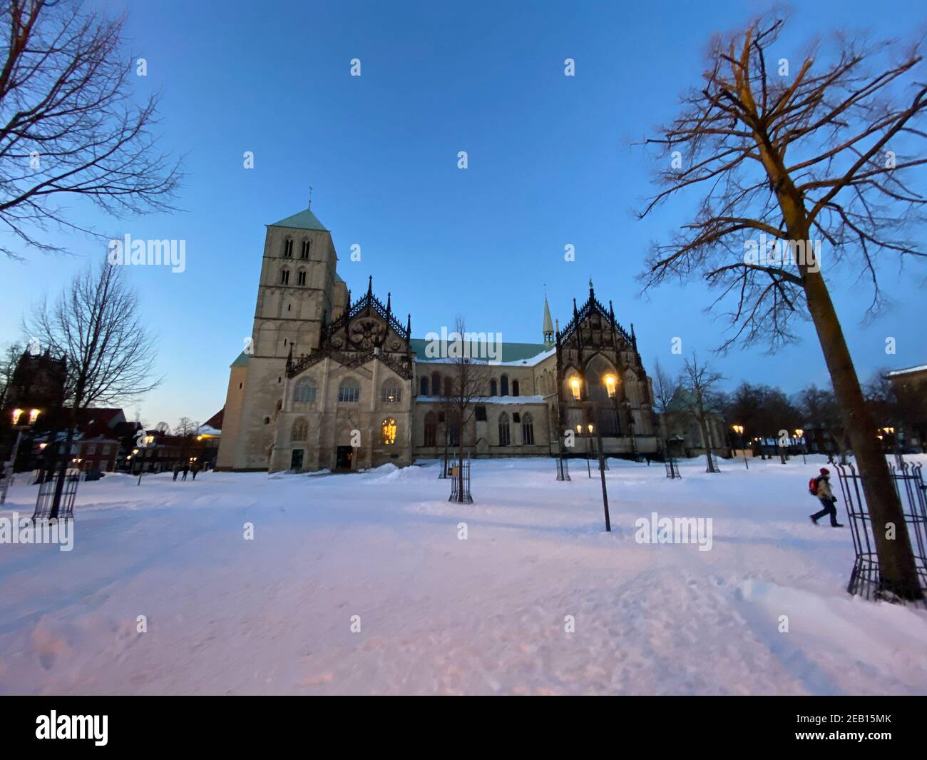 Muenster, Germania. 11 Feb 2021. Firo: 02/11/2021. Aasee in Munster inizio di inverno, neve, Munsterland NRW, Nord Reno-Westfalia, inverno A MUNSTER Dom, von, Munster, Munsterdom, Munsteraner Dom, chiesa, inverno, ora blu | utilizzo in tutto il mondo Credit: dpa/Alamy Live News Foto Stock