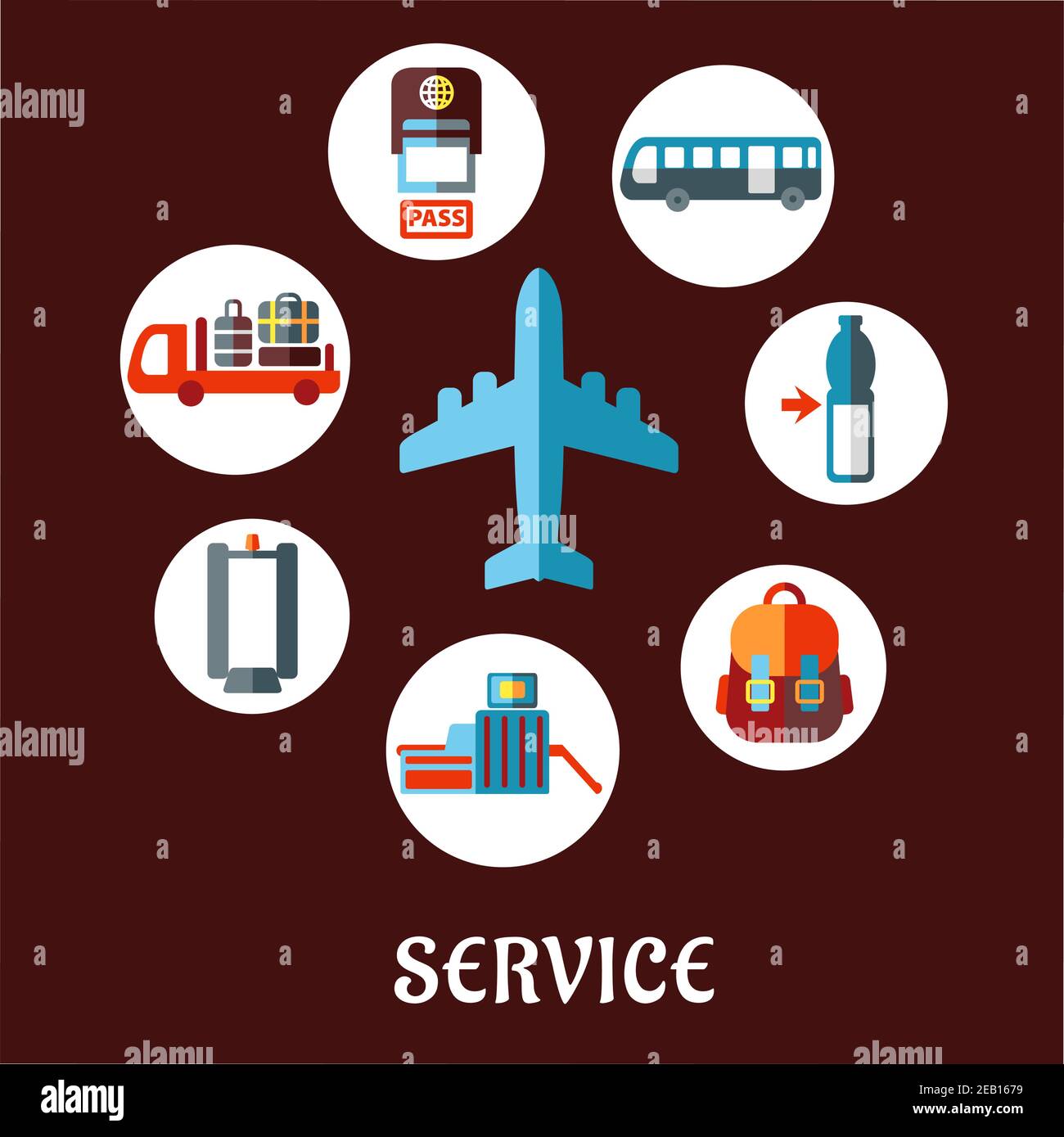 Aeroporto e linea aerea di servizio flat concetto con aereo circondato cerchi bianchi raffiguranti il controllo del passaporto, rivelatore di metalli, cancello di sicurezza, deposito bagagli Illustrazione Vettoriale