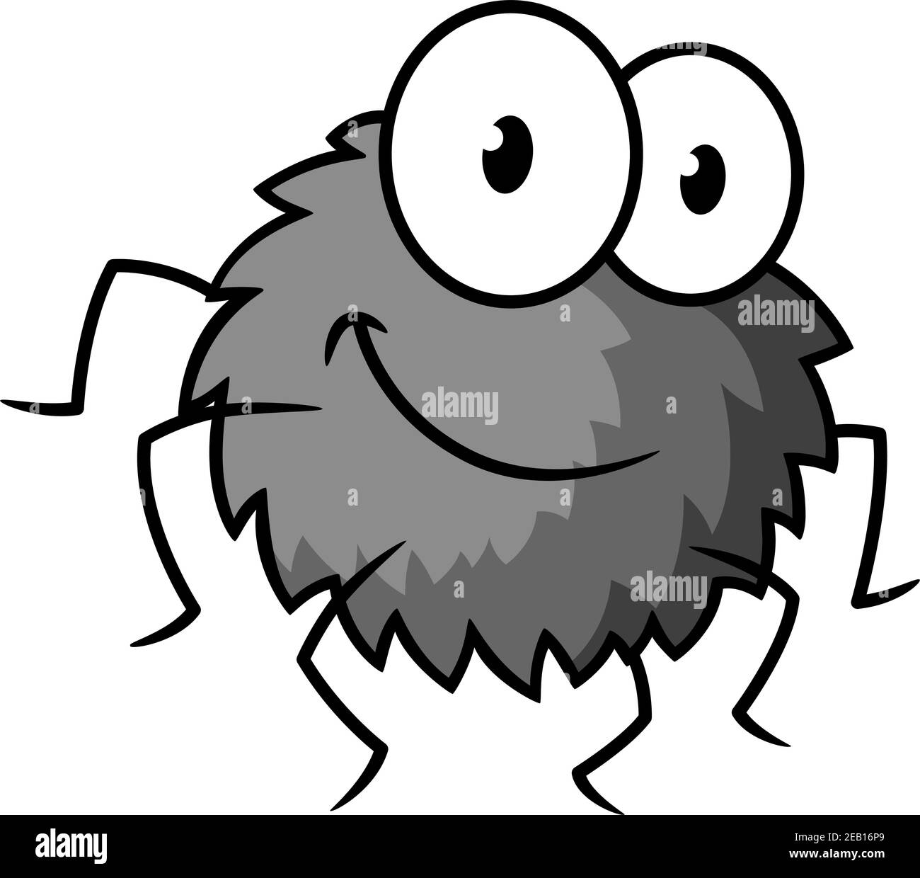 Cartone animato simpatico ragno grigio con gambe sottili, corpo peloso e grandi occhi isolati su bianco Illustrazione Vettoriale
