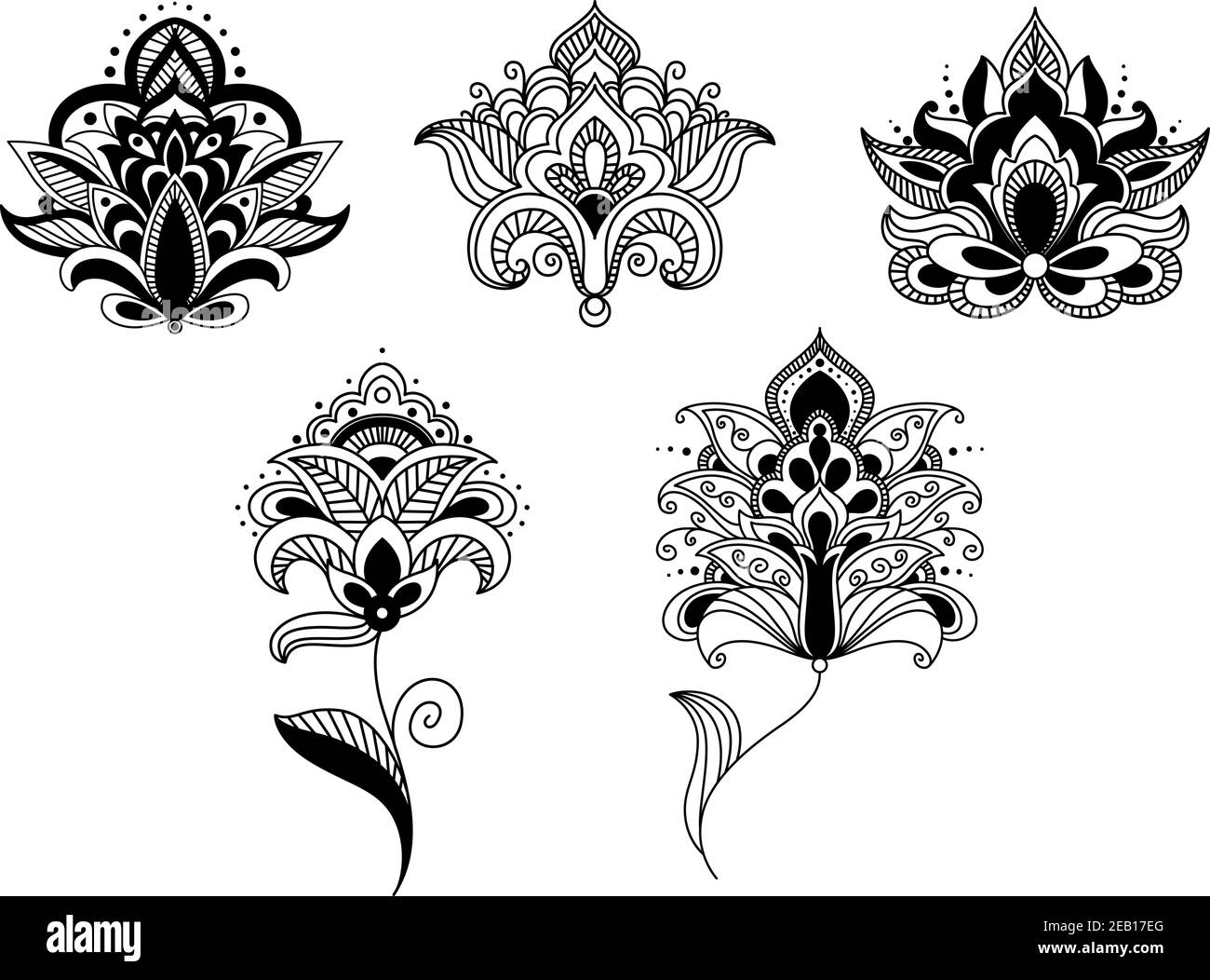 Pizzo astratto fiori paisley con steli e foglie in persiano elementi ricci floreali decorati in stile, adatti per interni orientali design Illustrazione Vettoriale