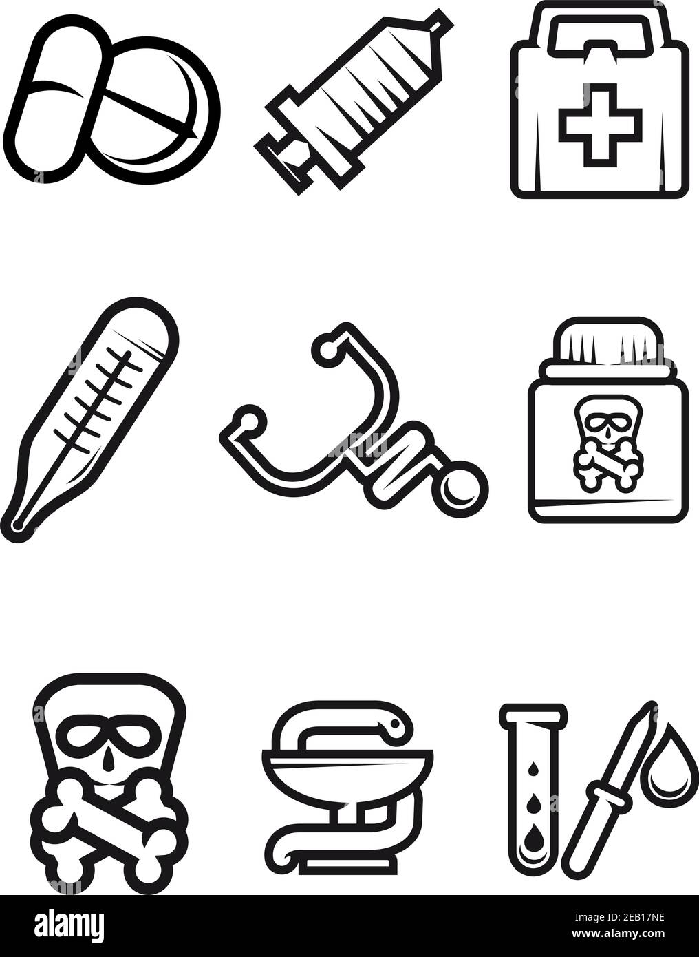 Icone vettoriali in bianco e nero con compresse, siringa, kit di pronto soccorso, termometro, stetoscopio, veleno, caduceo e provetta Illustrazione Vettoriale