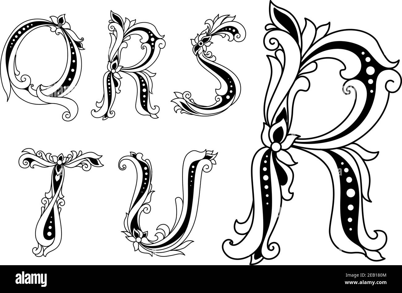 Lettere maiuscole floreali Q, R, S, T e U con fiori ed elementi a spirale per la progettazione di araldici, culturali o libri Illustrazione Vettoriale