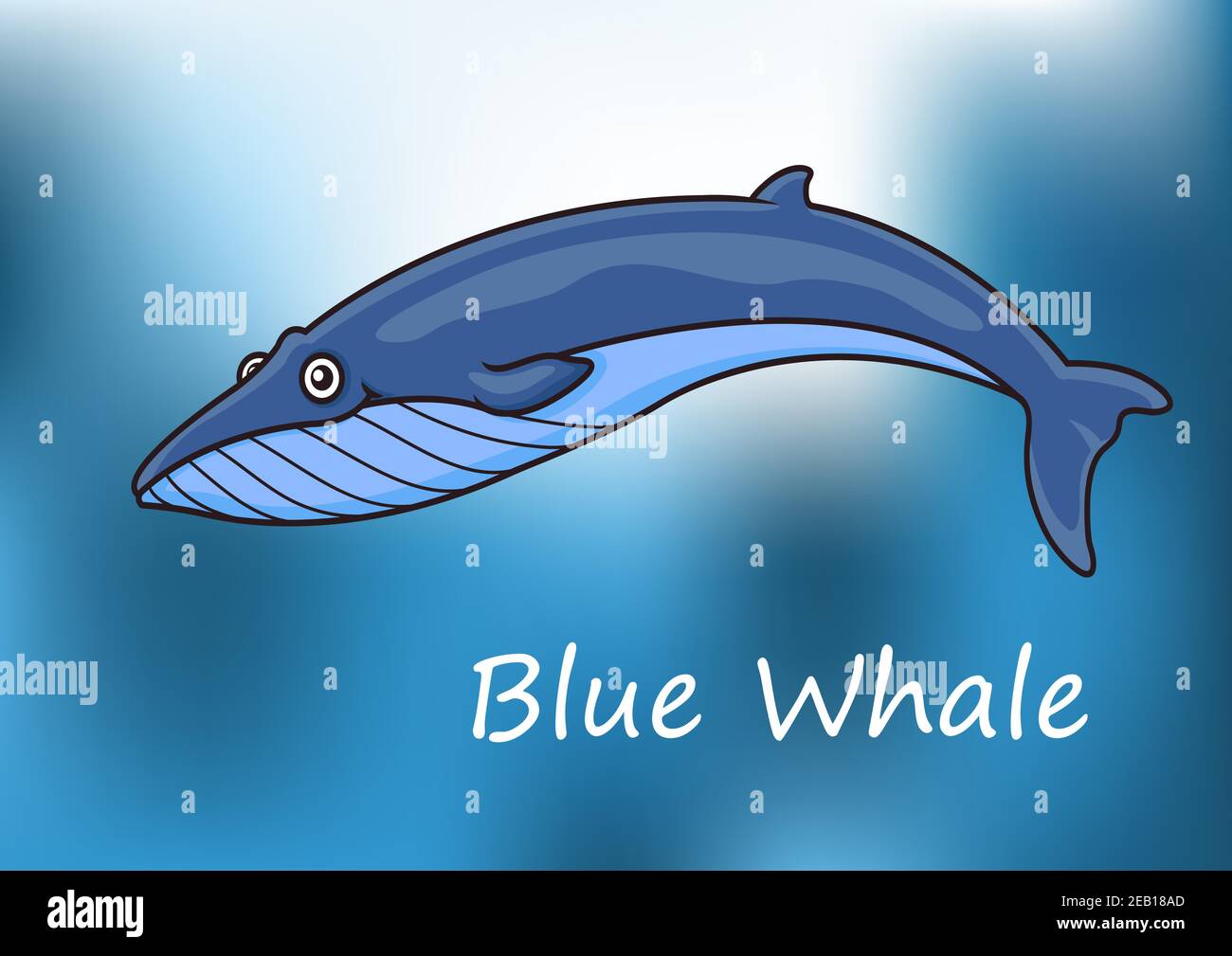 Cartoon blu balena nuotare sott'acqua con luce del sole e il Texte sur Blue Whale in basso Illustrazione Vettoriale