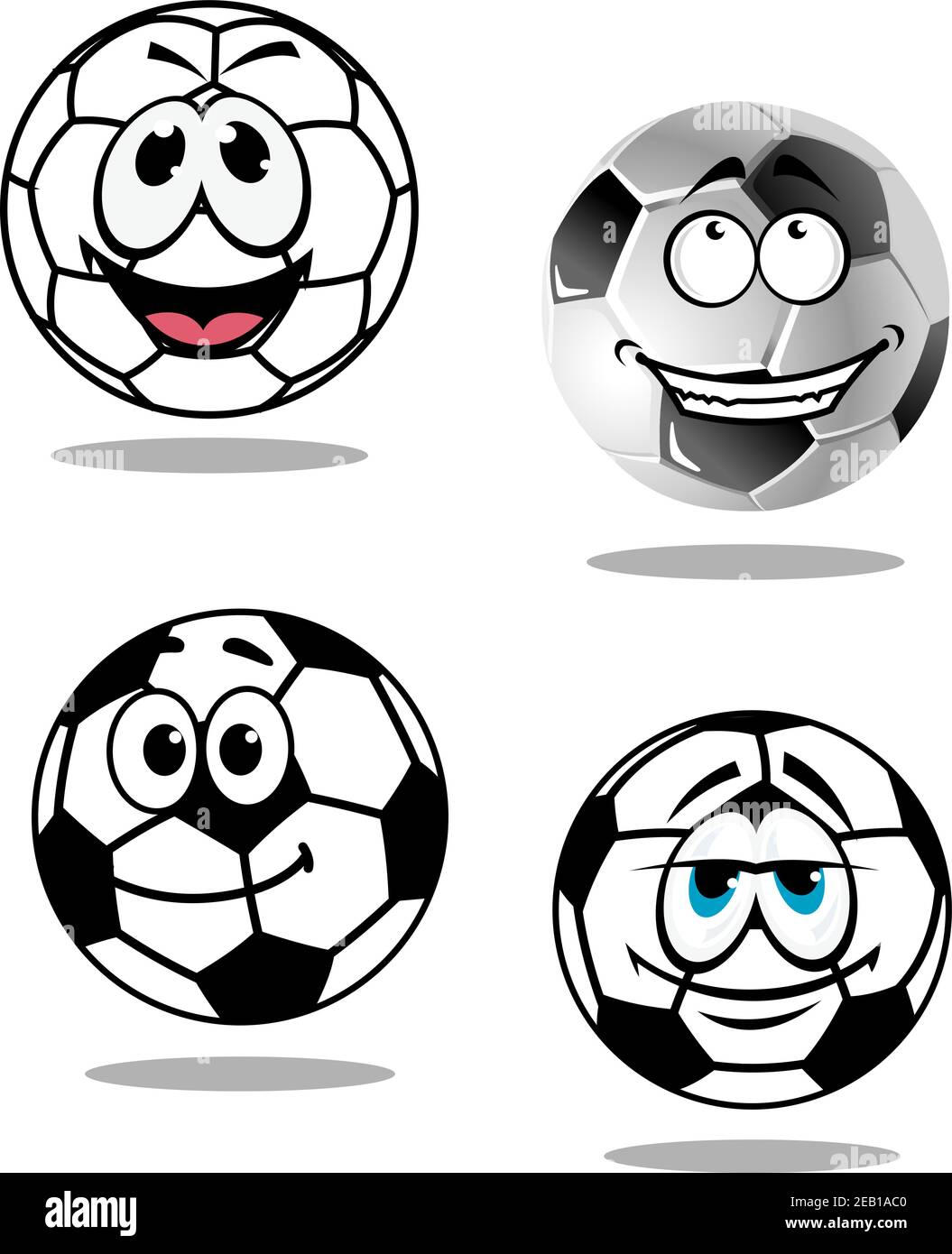 Cartoon calcio o personaggi di calcio con volti sorridenti felici, due con occhi di droopy goofy, isolati su sfondo bianco Illustrazione Vettoriale