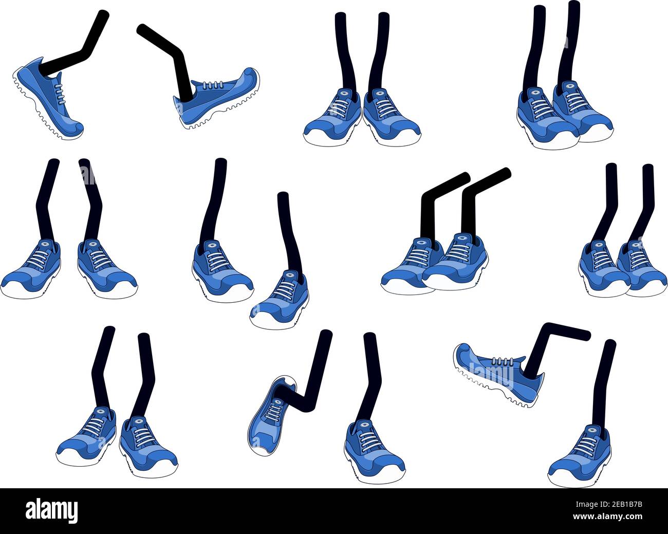 I piedi del vettore del fumetto camminano in sneakers o sneakers blu sopra attaccare le gambe in varie posizioni Illustrazione Vettoriale