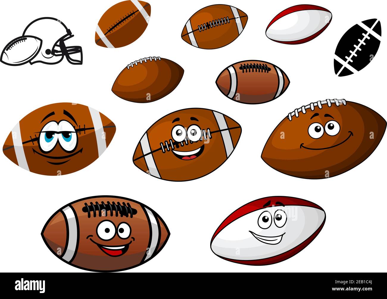 Set di palloni animati e palle di rugby personaggi in due Varianti con e senza sorridere faccia insieme con un americano casco da calcio Illustrazione Vettoriale