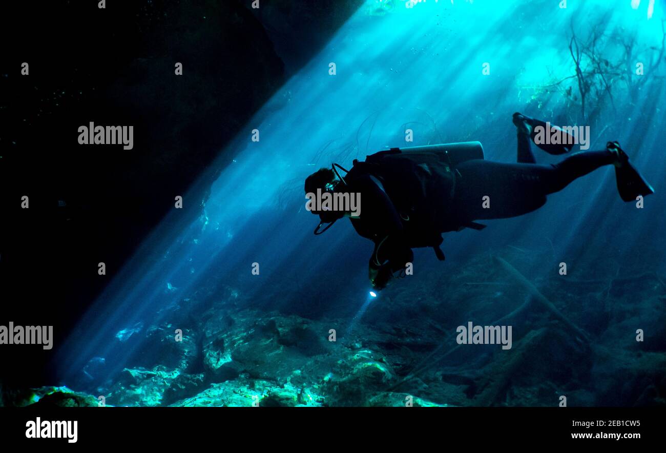 Immersione nel El Eden denote vicino Playa del Carmen sulla Riviera Maya nello Yucatan, Messico. Foto Stock