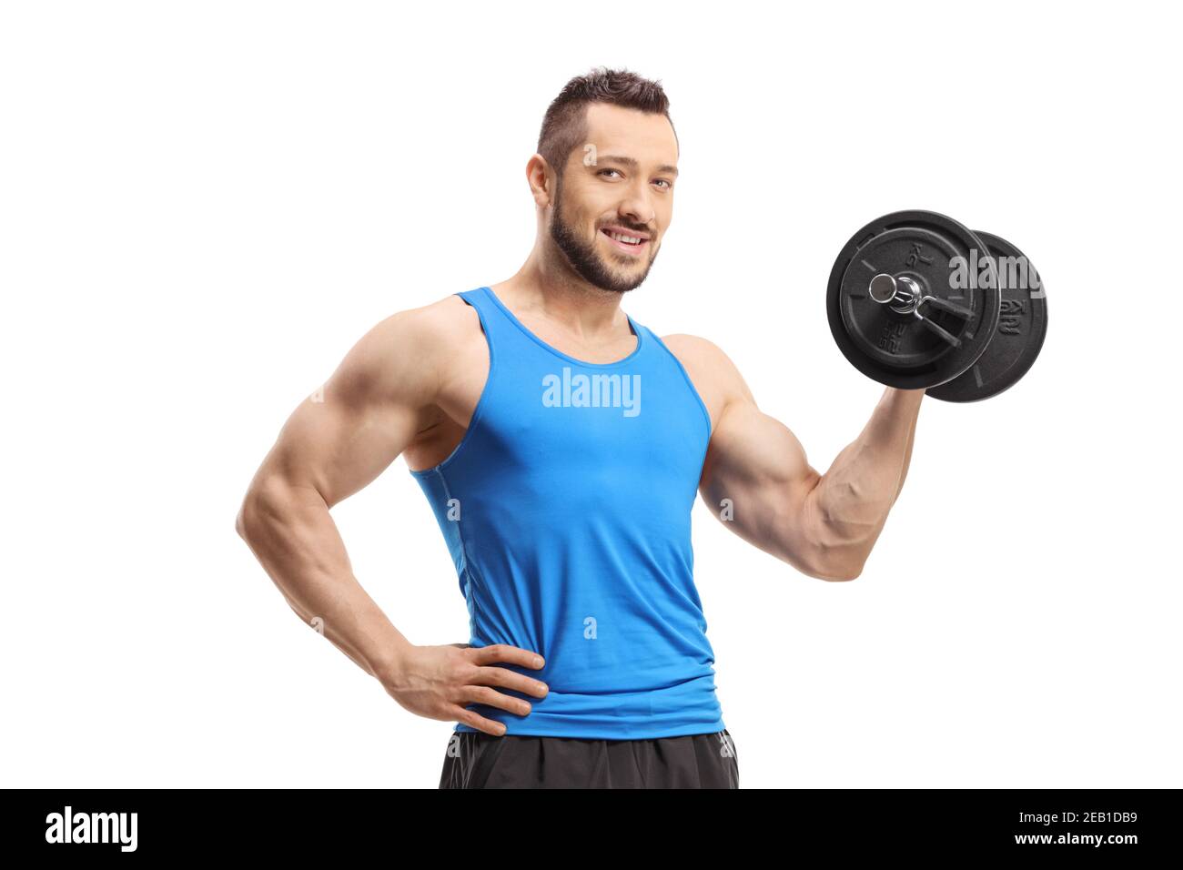 Giovane uomo che esercita il bodybuilding con un dumbell isolato su bianco sfondo Foto Stock