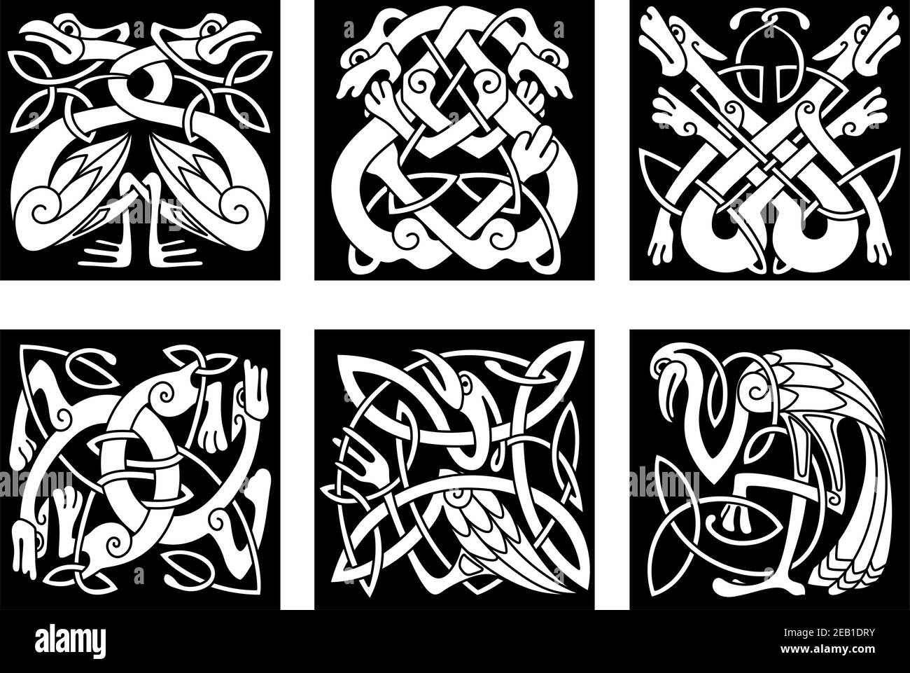 Bianco su nero intricati uccelli celtici e animali come cicogna, airone, cane, lupo, gru e oca Illustrazione Vettoriale
