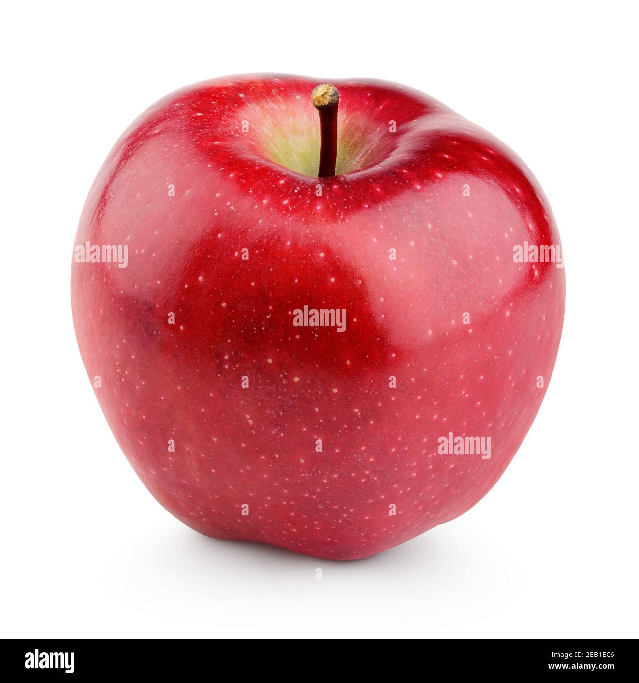 Singola mela rossa fresca con gambo isolato su sfondo bianco con tracciato di ritaglio Foto Stock