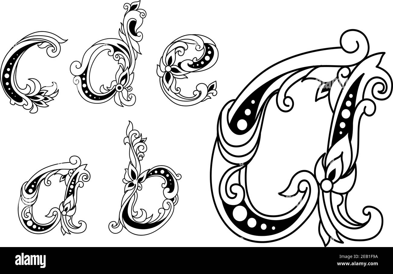 Lettere a, b, c, d ed e con un elegante design ricurlato in bianco e nero Illustrazione Vettoriale