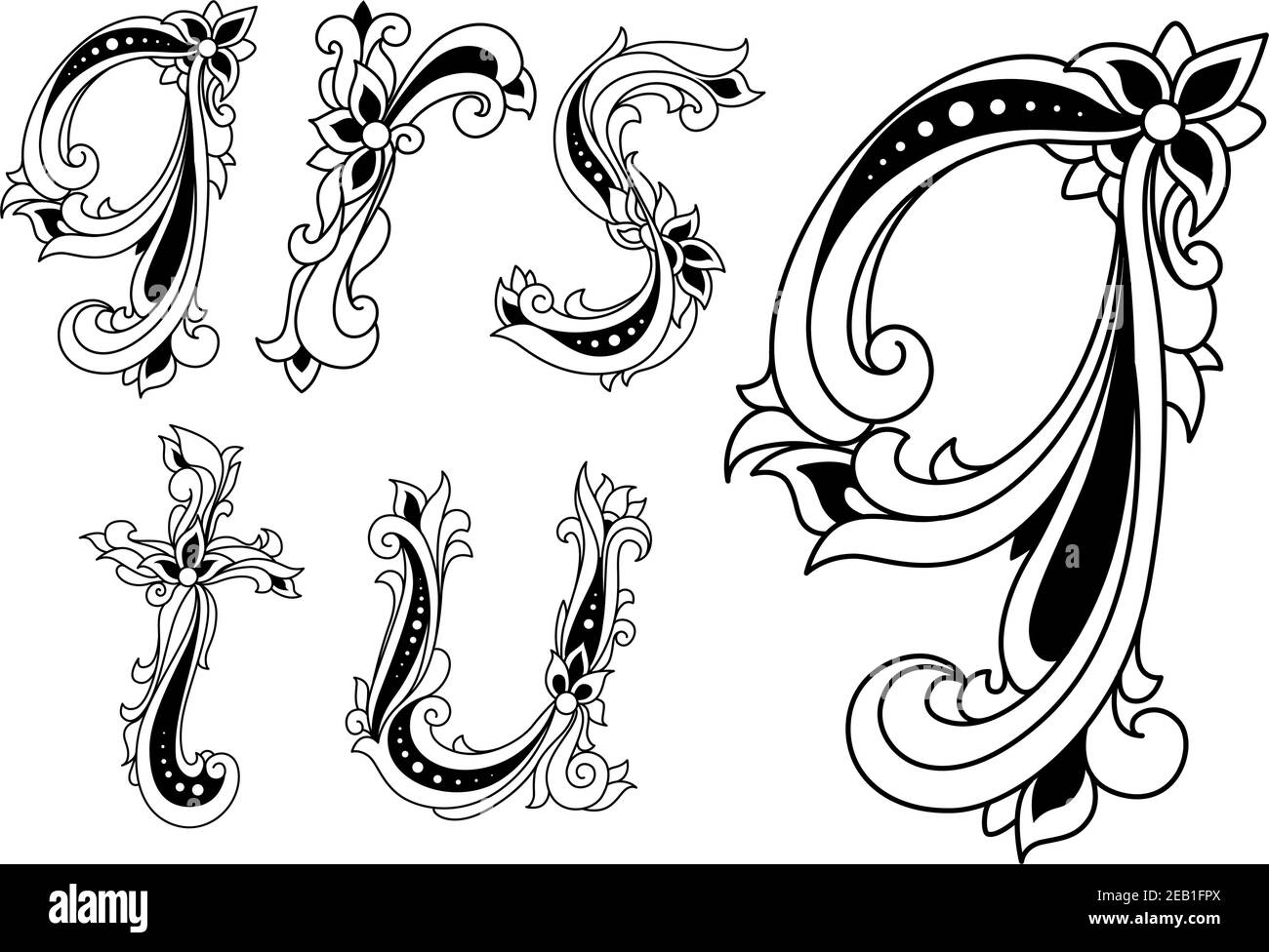 Set di lettere in lettere in lettere Q, R, S, T e U floreali in bianco e nero per il design medievale Illustrazione Vettoriale