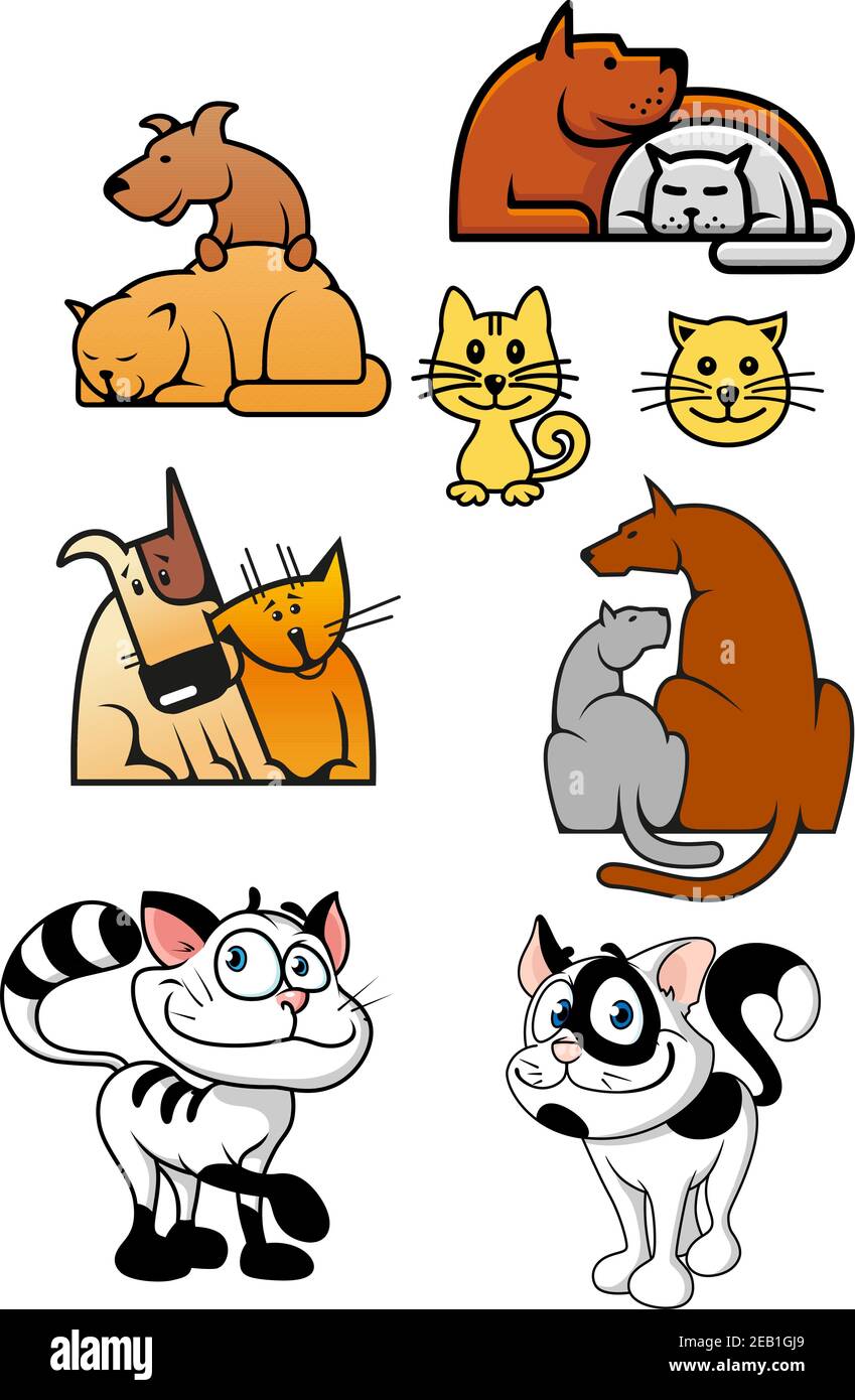 PET migliori icone amici con colorati cartoni animati gatti, cani e gattini che giocano e si trovano insieme in varie posizioni Illustrazione Vettoriale