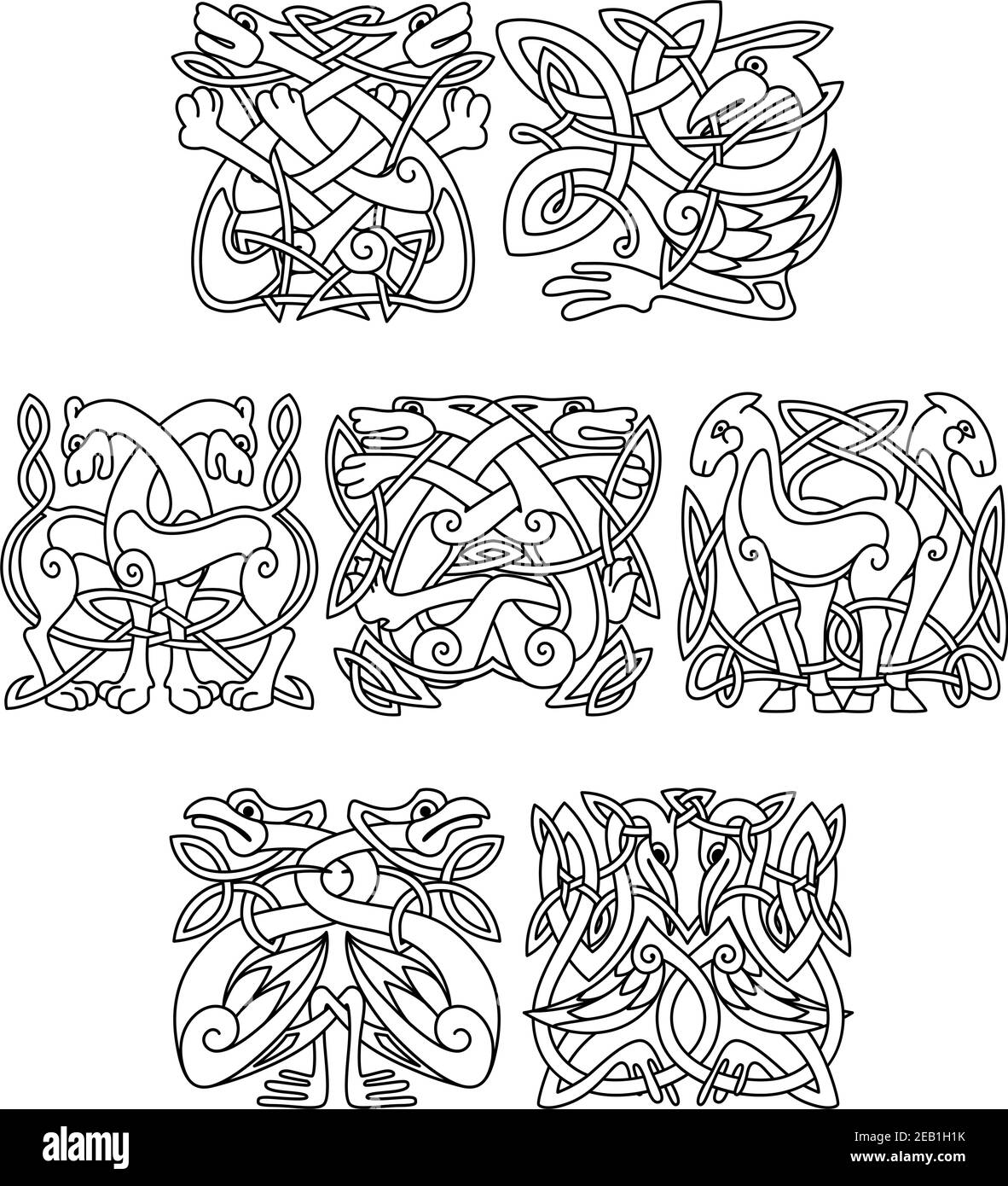 Ornamenti celtici di uccelli cicogne, gru e aironi per design, decorazione o design religioso Illustrazione Vettoriale