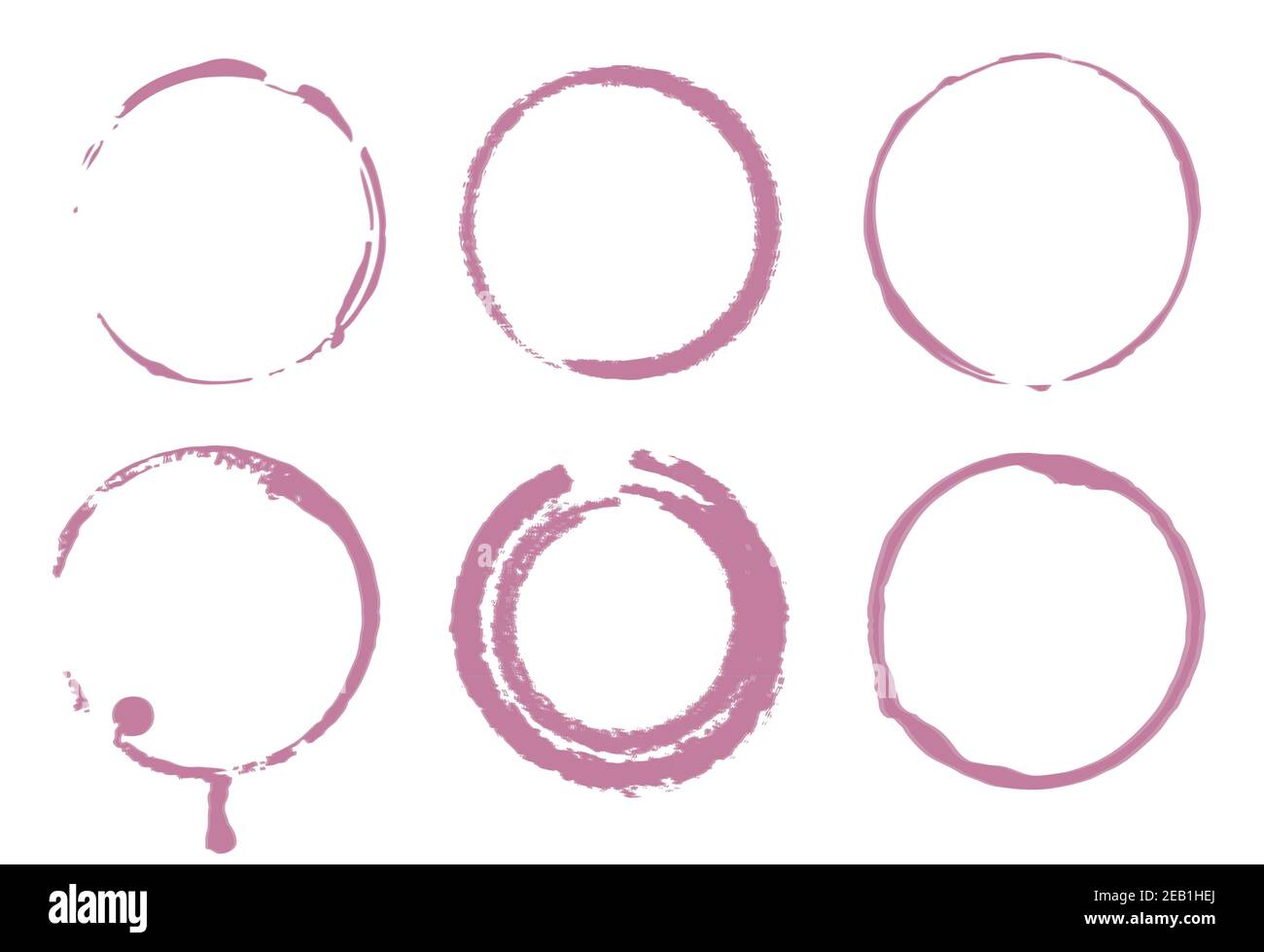 Insieme vettoriale di tracce di un wineglass. Spruzzi e tracce di bicchiere di vino. Cerchi e anelli su sfondo bianco Illustrazione Vettoriale