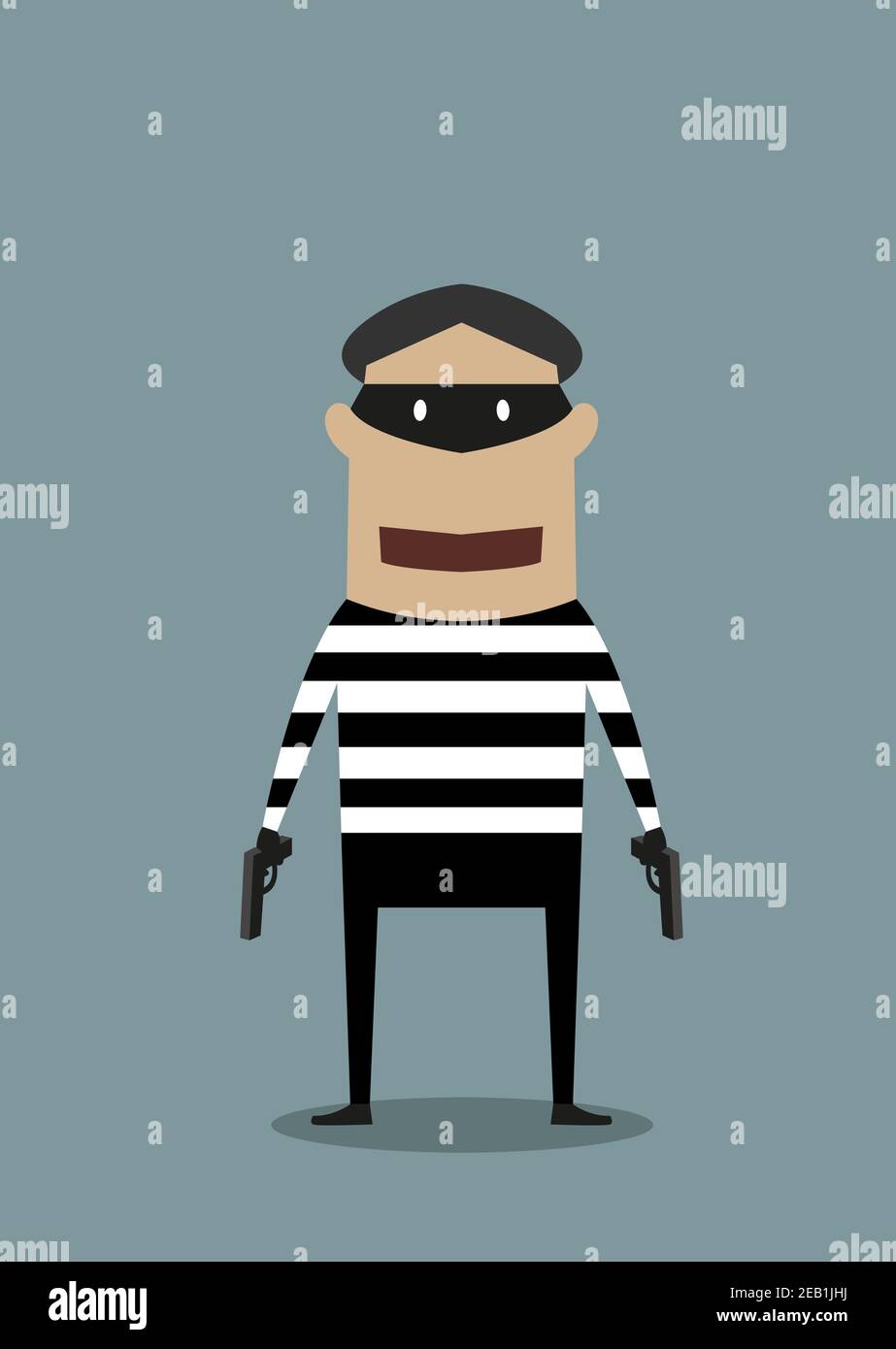Ladro o ladro di personaggi di cartoni animati indossando una maschera e a  strisce vestiti di prigione e due pistole in piedi davanti allo spettatore  Immagine e Vettoriale - Alamy