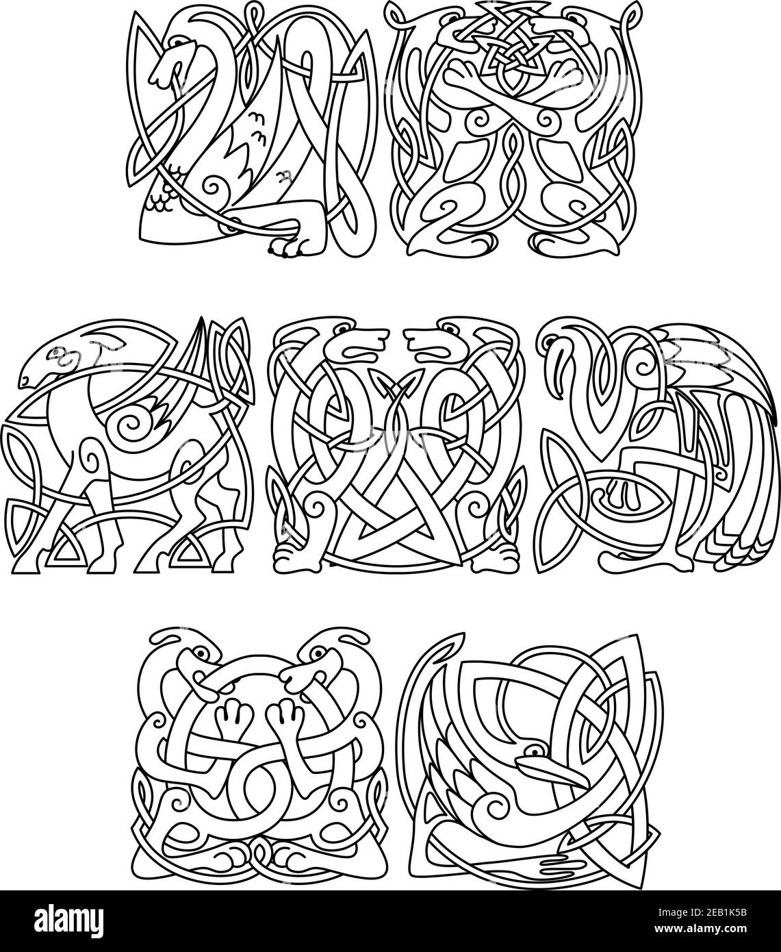 Drago mitologico celtico, cani, lupi, capra, airone, cicogna ornamento etnico tradizionale decorato per il tatuaggio o mascotte design Illustrazione Vettoriale